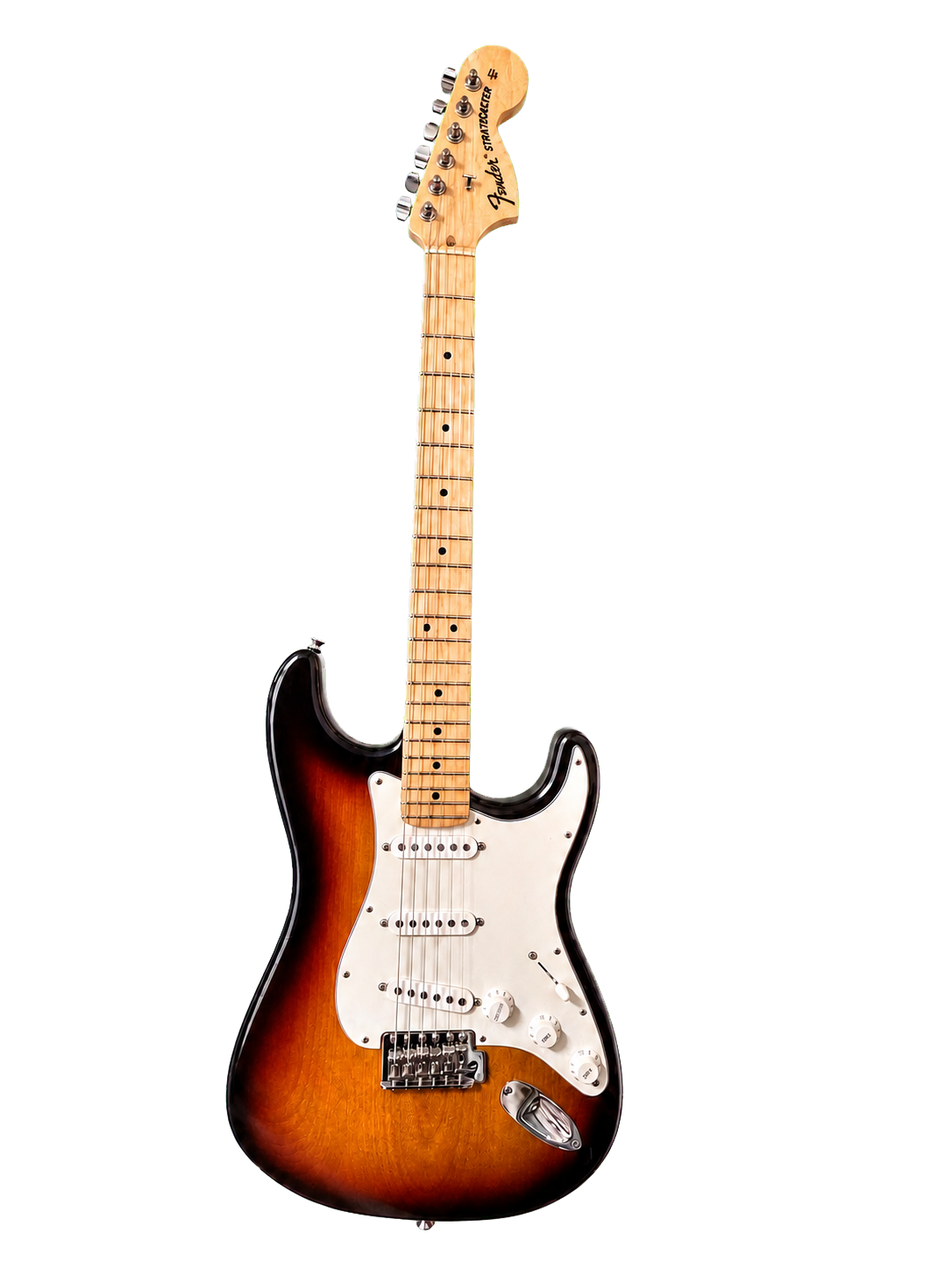 Fender Highway One Stratocaster de corpo sunburst e braço em maple, isolada sobre fundo preto